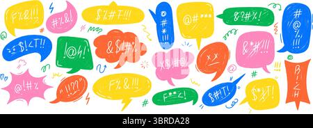 Hand drawn crayon swear speech bubbles set. Doodle style comic talk balloons with curse words and angry symbols Stock Vector