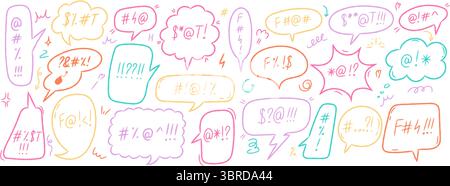 Hand drawn crayon swear speech bubbles set. Colorful doodle comic talk balloons with curse words, expletive symbols, and negative emotion. Vector illu Stock Vector