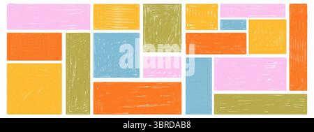 Colorful crayon text box set. Hand drawn pastel rectangles and frames with rough sketch texture. Vector illustration on white background Stock Vector