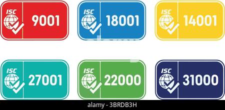 Set of International Organization for Standardization stamp 27001, 22000, 18001, 9001, 14001. Set of popular standards ISO. Management system sign. Stock Vector