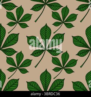 Seamless vector pattern of detailed hand-drawn chestnut leaves on a beige background, ideal for autumnal textile designs or wrapping paper. Stock Vector