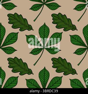 Seamless vector pattern of stylized green chestnut and oak leaves on a beige background, creating a botanical illustration perfect for textile prints Stock Vector