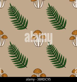 Seamless vector pattern featuring clusters of autumnal mushrooms and vibrant green fern leaves on a muted beige background, creating a harmonious natu Stock Vector