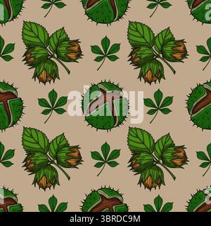 Seamless vector pattern with hand-drawn illustrations of hazelnuts and horse chestnuts, featuring detailed leaves and a beige background, ideal for au Stock Vector