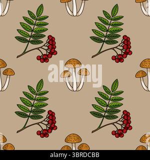 Seamless vector pattern featuring hand-drawn illustrations of autumnal rowan berries, vibrant green leaves, and clusters of honey-colored mushrooms on Stock Vector