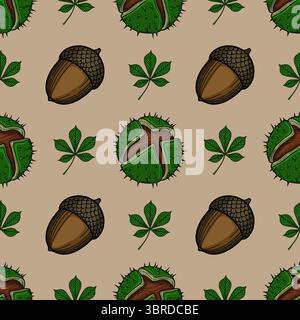 Seamless vector pattern featuring detailed acorns, chestnut husks, and horse chestnut leaves, creating a rich autumnal design ideal for textile prints Stock Vector