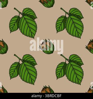 Seamless vector pattern of hazelnuts in their husks and green leaves on a beige background, a unique autumnal design for textile or wallpaper. Stock Vector