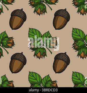 Seamless vector pattern of hand-drawn acorns and hazelnuts on a beige background, featuring detailed illustrations of nuts and leaves in a natural aut Stock Vector