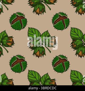 Seamless vector pattern of hazelnuts and chestnuts with green leaves on a beige background, creating a rustic autumnal design. Stock Vector
