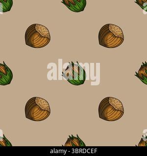 Seamless vector pattern of hazelnuts in shells and husks, illustrated in a hand-drawn style with brown and green colors on a beige background, perfect Stock Vector