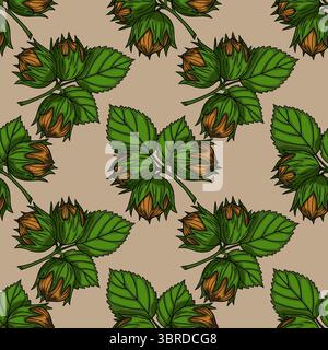 Seamless vector pattern of hazelnuts with green leaves on a beige background, illustrating a rustic autumnal harvest design. Stock Vector
