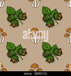 Seamless vector pattern featuring hand-drawn hazelnuts with green leaves and clusters of autumn mushrooms on a beige background, creating a charming a Stock Vector