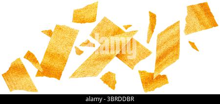 Long chips isolated on white background, falling rectangular mashed potato snacks, package element Stock Photo