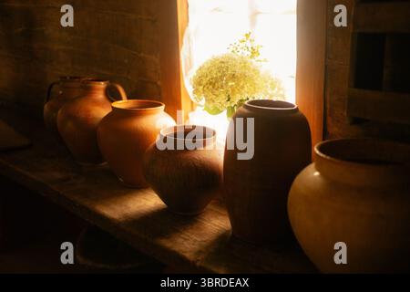 Old clay jugs. Pottery art Stock Photo