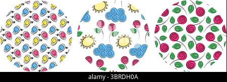 Hand Drawn Colorful Butterflies Sun Clouds and Roses Seamless Pattern on Circle Backdrops Spring Set. Isolated Vector Illustration Spring or Summer season Background Thematic Cards, banners, leaflets Stock Vector
