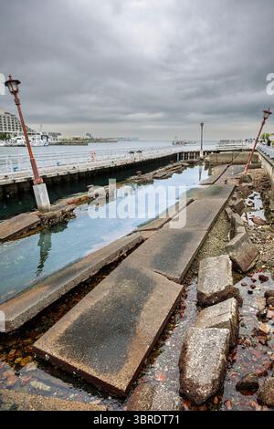 Preserved earhquake damage in Kobe port from the 1995 Hanshin-Awaji earthquake. Stock Photo