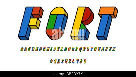 Set of alphabets font letters and numbers modern abstract design with geometric shapes with 3D concept vector illustration Stock Vector