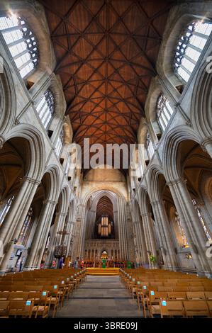 The magnificent interior of Ripon Cathedral in Yorkshire, England.  The Cathedral Church of St Peter and St Wilfrid, now known as Ripon Cathedral was founded as a monastery by monks of the Irish tradition in the 660s, and lasted through the Middle Ages. The present church is the fourth, and was built between the 13th and 16th centuries. In 1836 the church became the cathedral for the Diocese of Ripon. Stock Photo