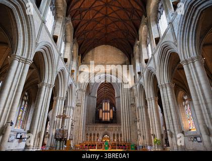The magnificent interior of Ripon Cathedral in Yorkshire, England.  The Cathedral Church of St Peter and St Wilfrid, now known as Ripon Cathedral was founded as a monastery by monks of the Irish tradition in the 660s, and lasted through the Middle Ages. The present church is the fourth, and was built between the 13th and 16th centuries. In 1836 the church became the cathedral for the Diocese of Ripon. Stock Photo