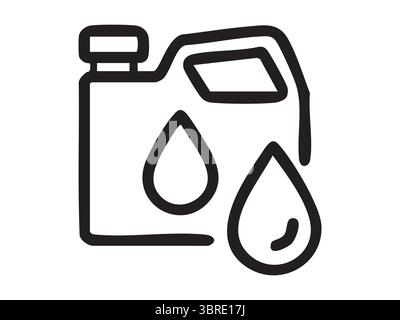 Black outline of oil can with droplet symbols, isolated on white background, graphic illustration. concept of environmental pollution, oil spill, indu Stock Vector
