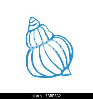 Marine whimsical ink hand drawn seashell in blue color on the white background Stock Vector