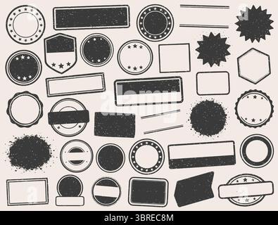 Retro Grunge Stamps frames vector icon shape set. Black round and square empty stamp border pack. Blank Stamp template grunge ink rubber labels collec Stock Vector
