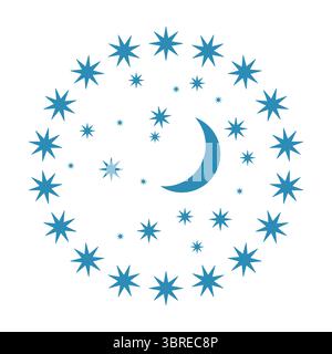 Crescent Moon with Decorative Star Circle. Celestial Illustration. A crescent moon surrounded by a harmonious arrangement of stars in varying sizes. Stock Vector