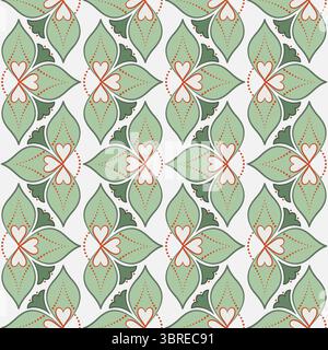 Floral seamless pattern in antique style. Linear ornament of moss green plants on white background. Traditional shamrock repeating ornament for printi Stock Vector