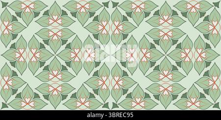 Vintage mosaic tile. Floral seamless pattern in antique style. Traditional painted ceramic tile. Diagonal square flowers ornament of calm green and te Stock Vector