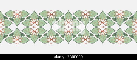 Floral seamless border in antique style. Linear ornament of moss green plants on white background. Traditional shamrock repeating ornament for printin Stock Vector