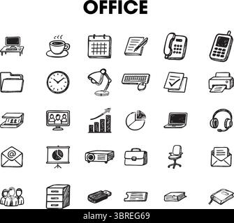 Business-themed icon set with hand-drawn laptop, phone, documents, and office supplies Stock Vector