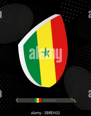 Senegal Flag Shield icon in 3D on Dark Modern Abstract Rugby Background. Perfect for sports events, heritage themes, national celebrations, and patrio Stock Vector