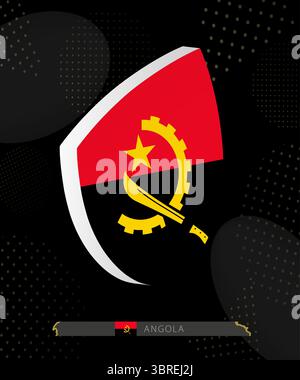 Angola Flag Shield icon in 3D on Dark Modern Abstract Rugby Background. Perfect for sports events, heritage themes, national celebrations, and patriot Stock Vector