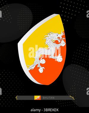Bhutan Flag Shield icon in 3D on Dark Modern Abstract Rugby Background. Perfect for sports events, heritage themes, national celebrations, and patriot Stock Vector