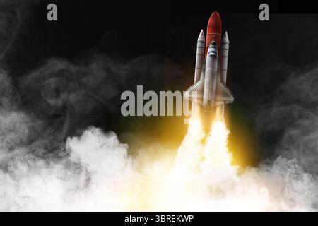 Modern space rocket with blast and smoke successfully takes off into ...