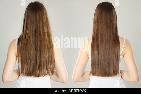 Hair combing, straightening. Woman showing hairstyle before and after different procedures on grey background, back view. Collage of photos Stock Photo