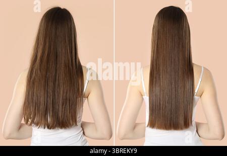 Hair combing, straightening. Woman showing hairstyle before and after different procedures on beige background, back view. Collage of photos Stock Photo