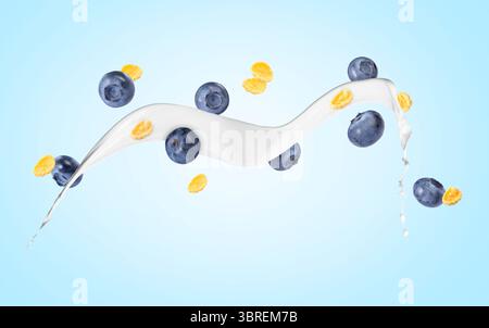 Tasty corn flakes with fresh blueberries and splash of milk in air on light blue gradient background Stock Photo