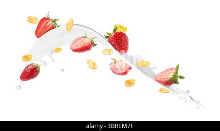 Tasty corn flakes with fresh strawberries and splash of milk in air on white background Stock Photo
