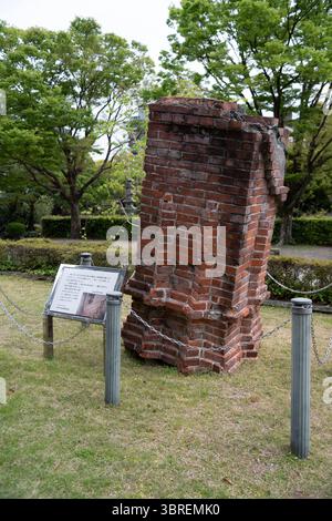The chimney stack of Hassam House in Sorakuen Gardens, Kobe, Japan. Dislodged from the roof during the Great Hanshin Earthquke Stock Photo