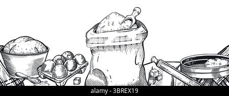 A rectangular composition on a culinary theme, a bag of flour, a bowl of dough, a rolling pin, eggs, a sieve for flour, a tablecloth. For store design Stock Vector