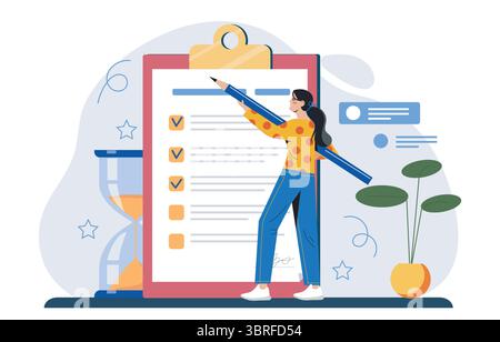 Woman writing checklist on clipboard. Vector illustration Stock Vector