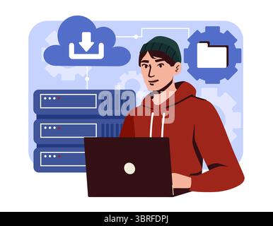 Programmer working on cloud system. Vector illustration Stock Vector