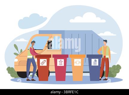 Waste sorting by workers near truck. Vector illustration Stock Vector