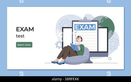 Woman studying for online exam test prep. Vector illustration Stock Vector