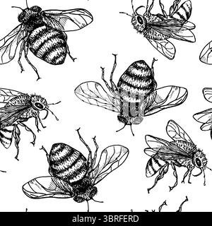 Bumblebees and bees black white outline vector seamless pattern. Bee and wasps hand drawn monochrome repeated background. Ink illustration fly insects Stock Vector