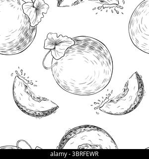 Melons outline vector seamless pattern. Muskmelon, leaf and juicy slice with drops hand drawn black white on repeat background. Round summer fruit Stock Vector