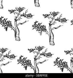 Black and white twisted pine trees vector seamless pattern. coniferous tree silhouettes repeated background in line art for designs nature prints Stock Vector
