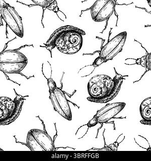 Bugs and snails outline vector seamless pattern. Black and white repeated background of longhorn beetles, scarabs, and spiral shelled snails Stock Vector