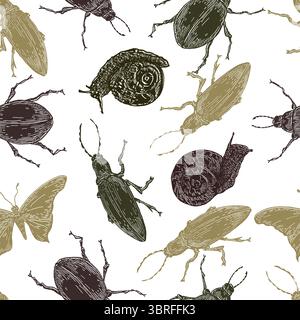 Fireflies, May beetles, and garden snails outline vector seamless pattern in muted natural tones. Bugs silhouette hand drawn on repeat background for Stock Vector